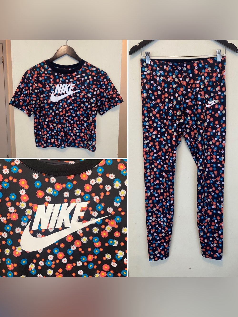 Nike 2 Piece Top & Leggings Set Women’s Medium Colorful Daisy Active Wear